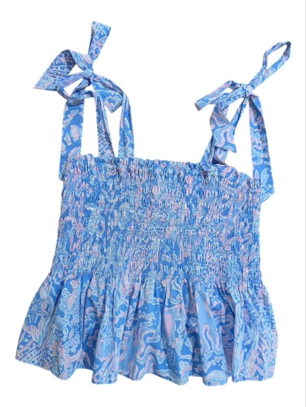 Lilly Pulitzer Top Rivera Peplum Tie Shoulder Blue "Sea What I Sea" Sz XL *NWOT